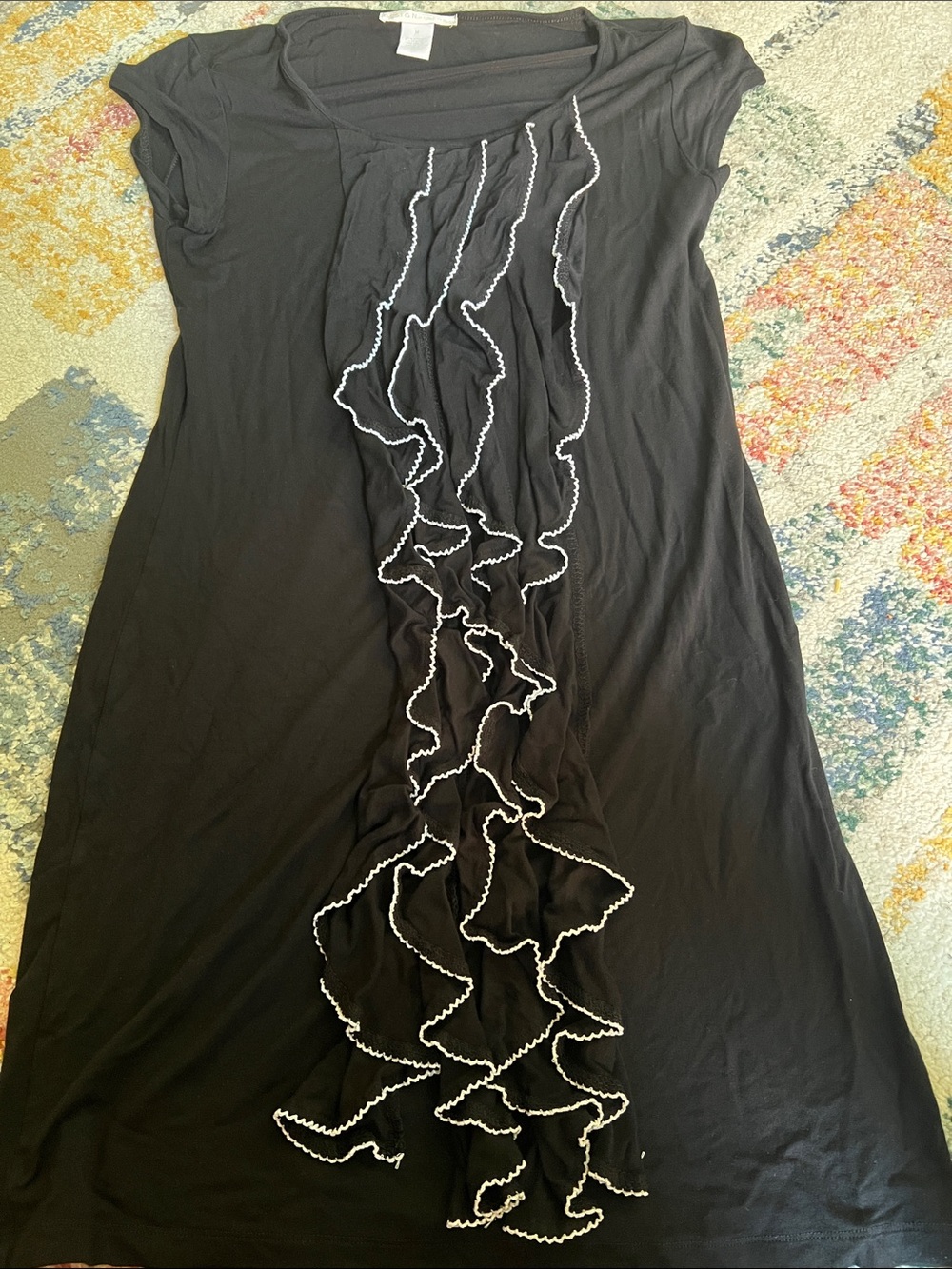 Design History Black Top with White Ruffle Trim
